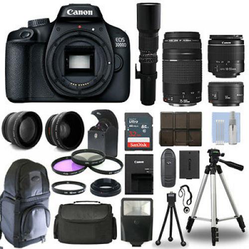Canon EOS 3000D / T100 SLR + 6 Lens 18-55mm, 70-300mm, 50mm, 500mm+ 32GB PRO KIT