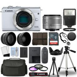 Canon EOS M200 Camera Body White+ 3 Lens Kit 15-45mm IS STM+ 32GB + Flash & More