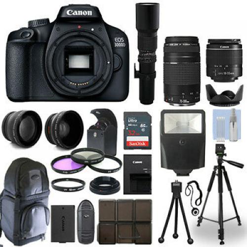Canon EOS 3000D / T100 DSLR Camera + 5 Lens Kit: 18-55mm+ 70-300mm+ 500mm & More