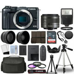 Canon EOS M6 Camera Body Black + 3 Lens Kit 15-45mm IS STM + 32GB + Flash & More