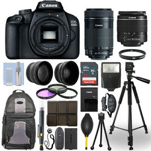Canon EOS 3000D / T100 SLR Camera + 18-55mm+ 55-250mm STM 4 Lens 32GB Valued Kit