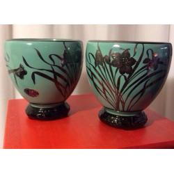 Art Nouveau Cambridge 1895-1920s Sterling silver overlay 2 Teal glass bowls