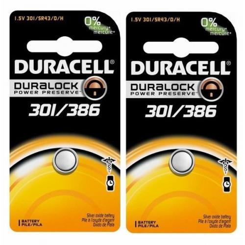 2 Pcs Duracell 301/386 Duralock Silver Oxide 1.5v SR43/SR43W Battery