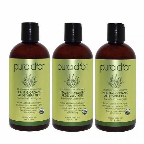 PURA D'or Organic Aloe Vera Gel, 3-pack 16oz each (3 Scent available)