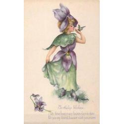 M. Dulk Flower Girl Violet Birthday Wishes Gibson Art Co artist signed Postcard