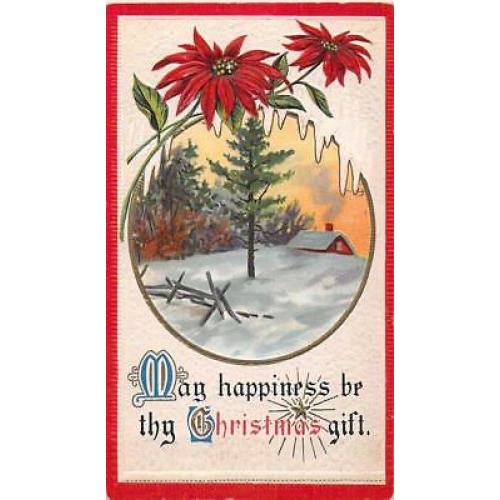 may happiness be thy christmas gift gold gilt poinsettias cabin vintage postcard