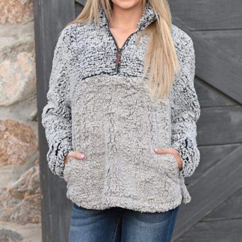 Warm Fluffy Winter Solid Casual Zip Up Pullover