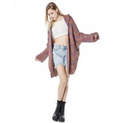Rainbow Long Cardigan Hooded Sweater Women Winter Tops Knitted